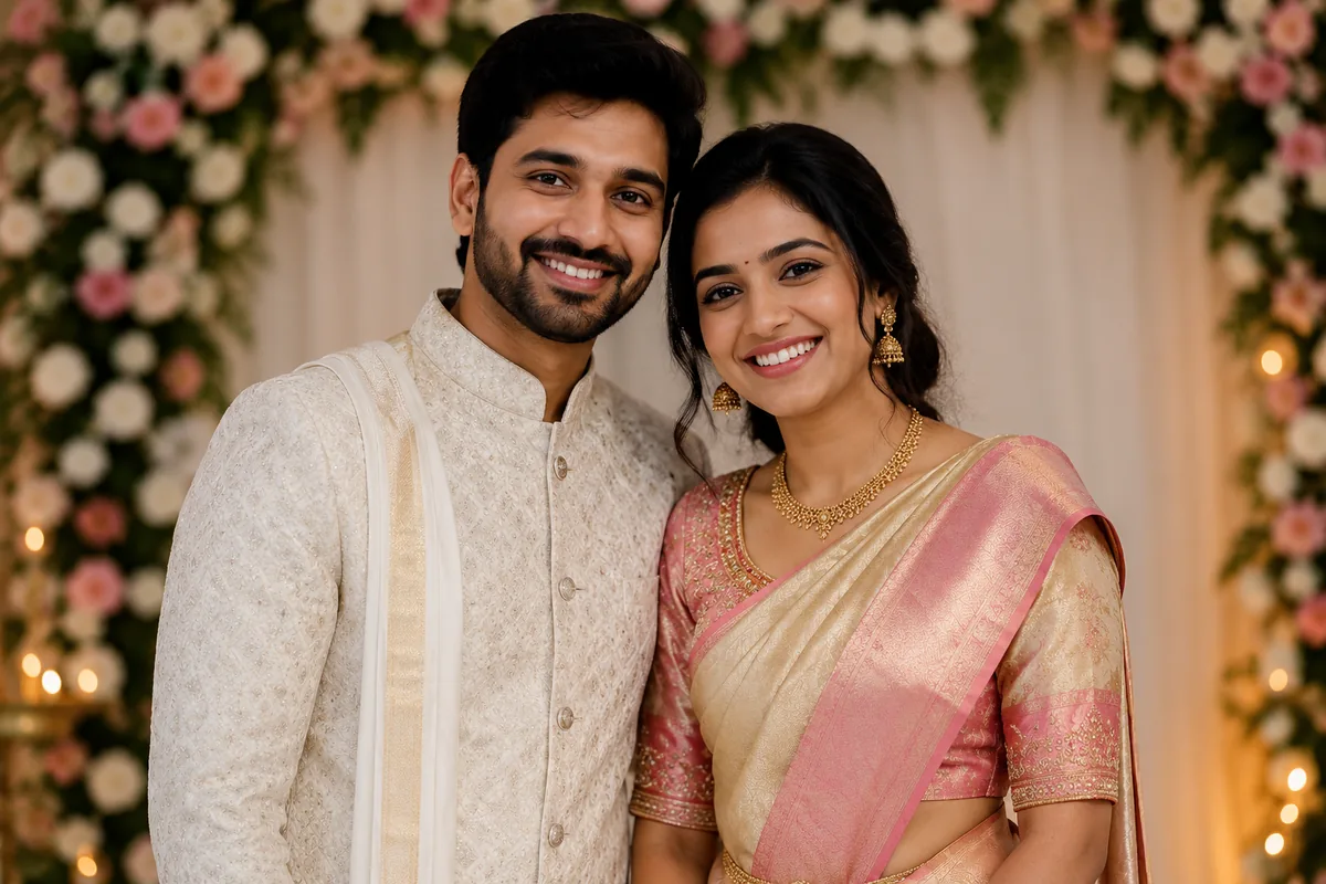 Indian couple smiling together in front of a floral arch backdrop